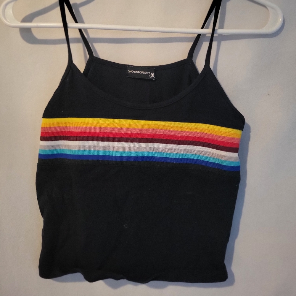 Show Stopper Black rainbow strip small cotton spandex crop tank top. Like new